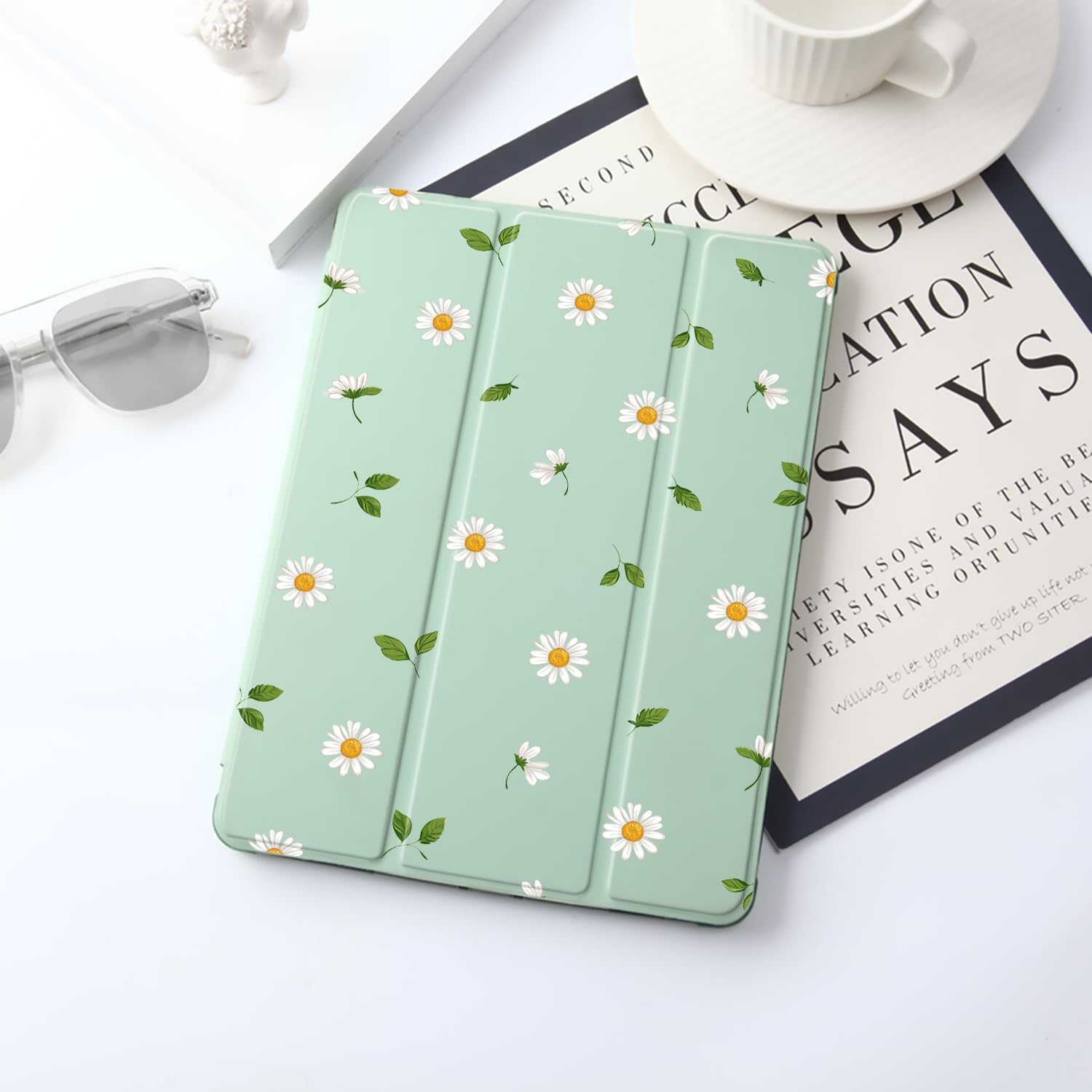 JOYLAND Cute Daisy for iPad 10th Generation Case 10.9 Inch 2022,with Pencil Holder-Premium Shockproof Case with Soft TPU Back Cover & Auto Sleep/Wake,Green Shell