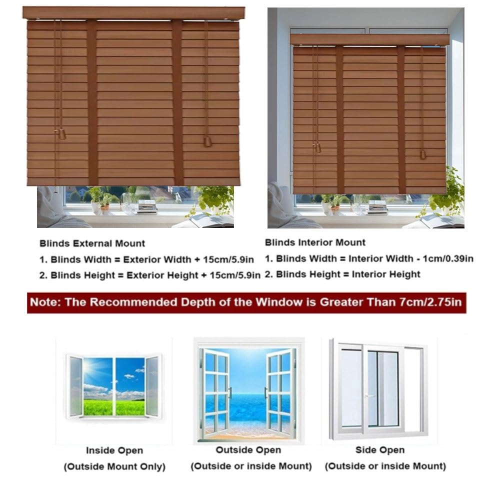 50 mm Holzjalousien, horizontale Fensterblenden für Privatsphäre im Innen- und Außenbereich, verstellbare Lichtsteuerung, erhältlich in 40–160 cm Breiten (110 x 100 cm)