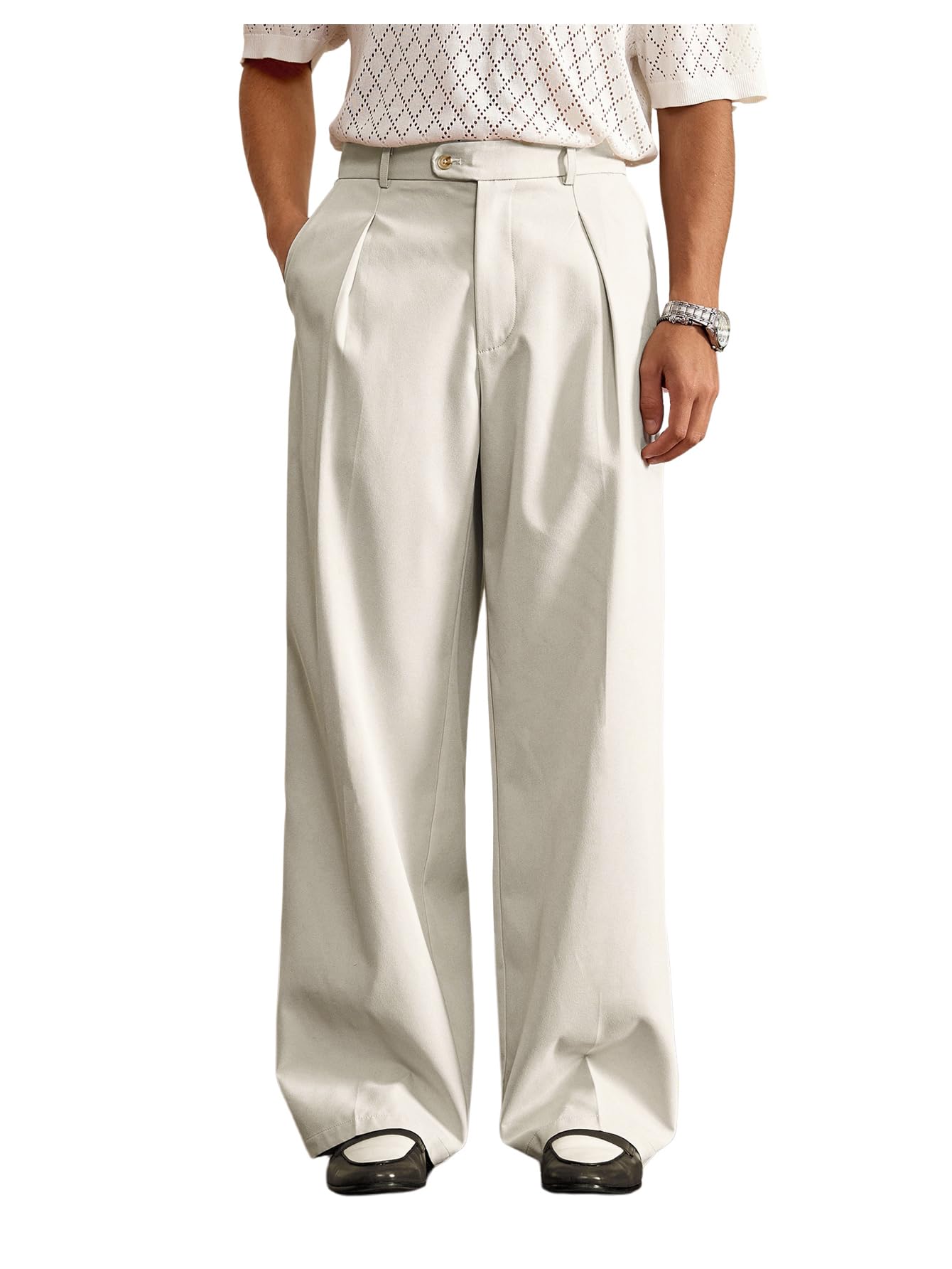 Mens Pleated Baggy Dress Pants High Waisted Wide Leg Pants Casual Work Trousers with Pockets Slacks for Men