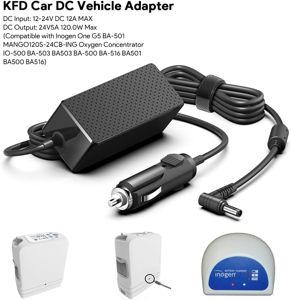 Close-up of the KFD DC adapter label showing model number C120-240005000, input DC 12V-24V, output DC 24V 5A 120W Max, and CE FCC marks.