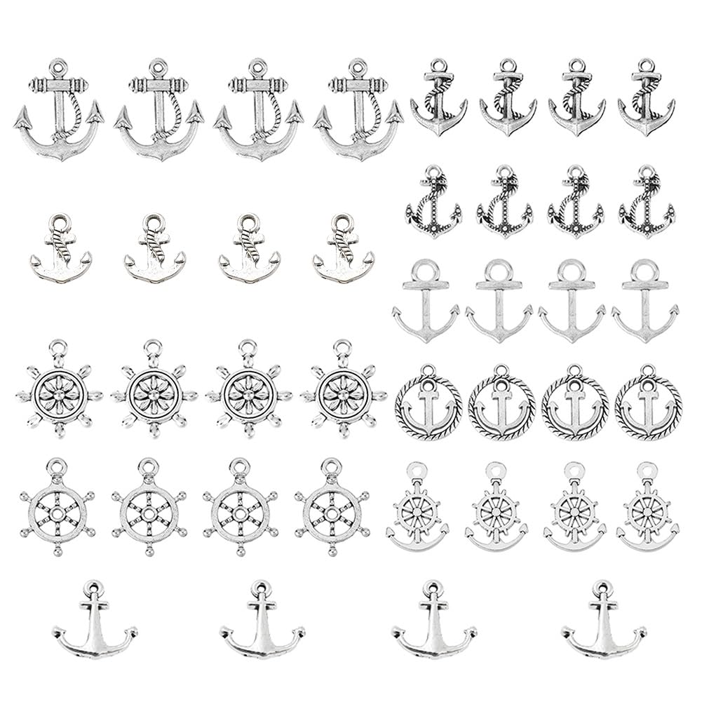 SUNNYCLUE 1 Box 100Pcs 10 Style Tibetan Style Anchor Charms Navigation Alloy Rudder Charm Sailor Anchor Nautical Fishing Charm for Jewelry Making