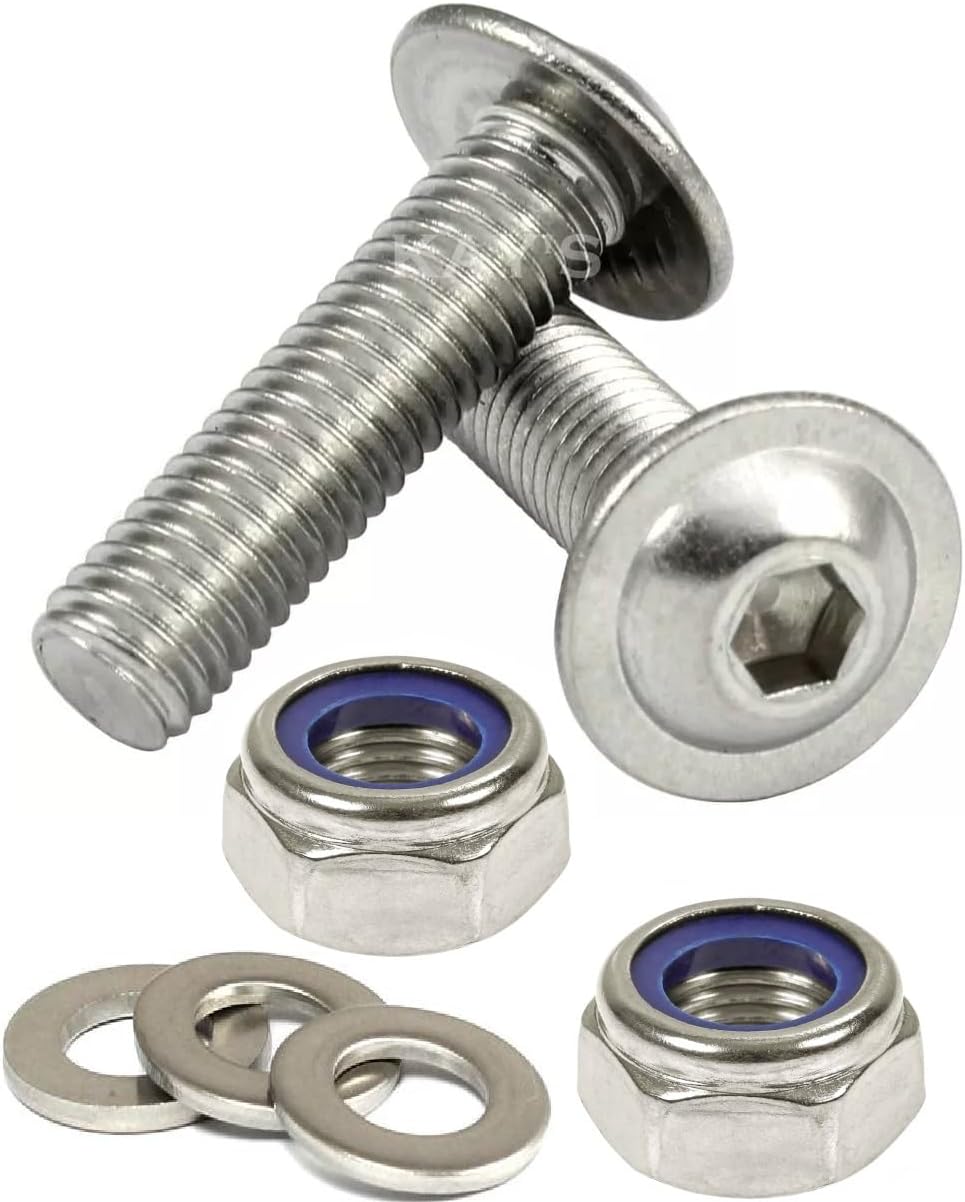 M4 Flanged socket button head screws + Nylocs Nuts + Washers A2 Stainless Steel (10, M4 x 16mm)
