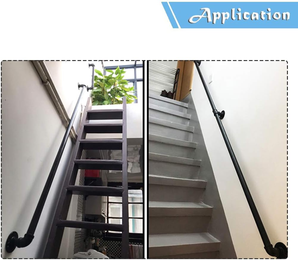 Round Handrail Brackets for Staircases Outside Inside Black Matte Metal Wrought Iron | Rail Railing Handrails for Indoor Stairs Lead Direct to Stairwell Door-House or Cellar entryway