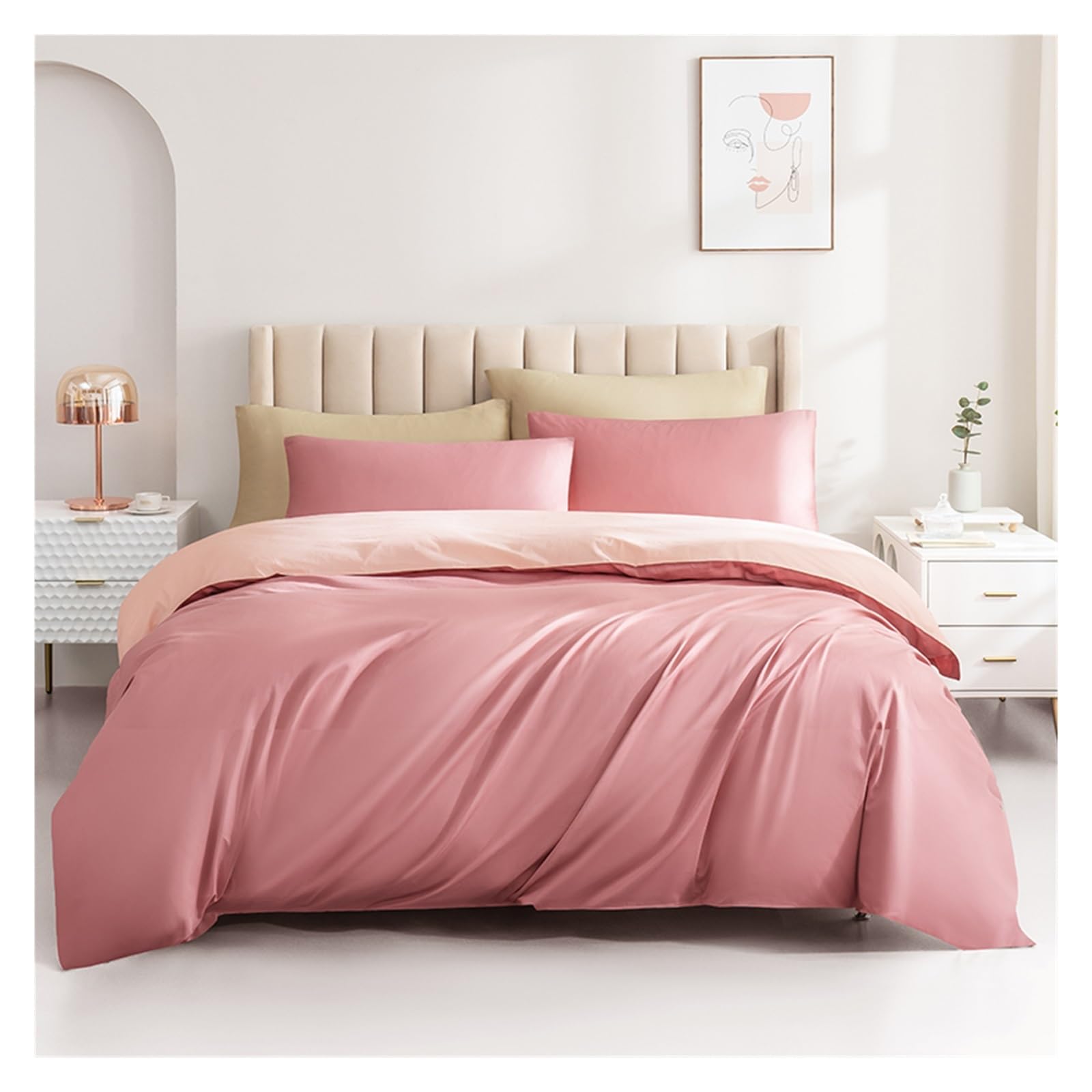 Housse de couette en coton uni rose et sa parure de lit 4 pièces