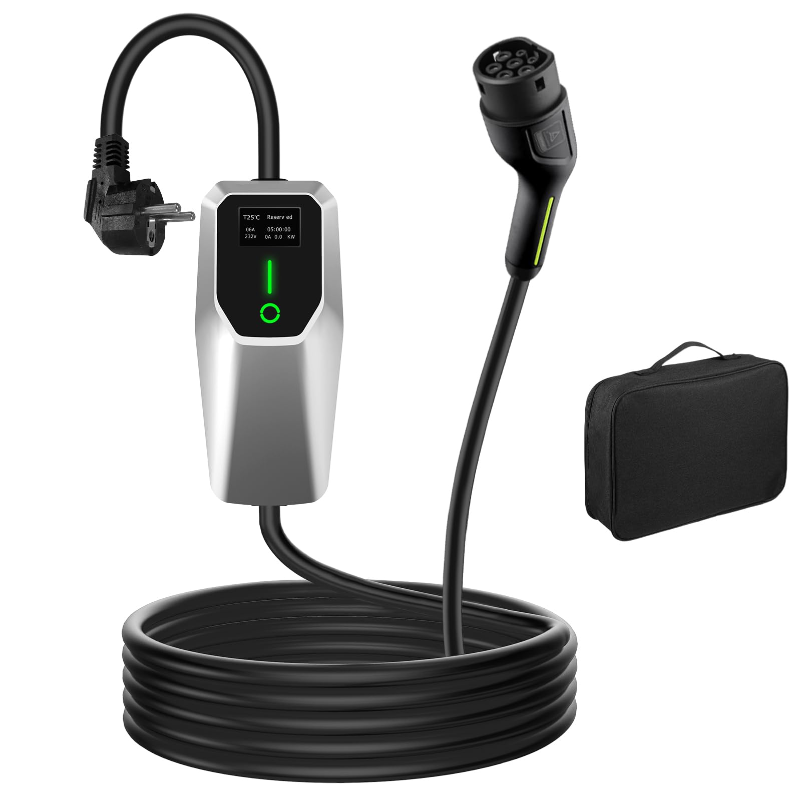 AWESAFE Chargeur Voiture Electrique, Type 2, Mono-phasé 16A, (3.68kW, 5m) Réglable à 6A/8A/10A/13A/16A,Courant Commutable, Boîtier de contrôle argenté, avec Prise Schuko pour Usage Domestique,