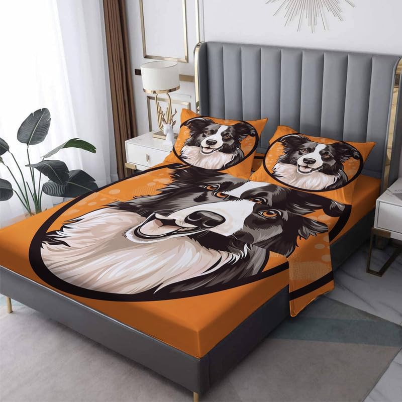Juego de sábanas Queen  Juego de sábanas de Border Collie, lindas sábanas y fundas de almohada para cachorros, microfibra suave y bolsillo profundo