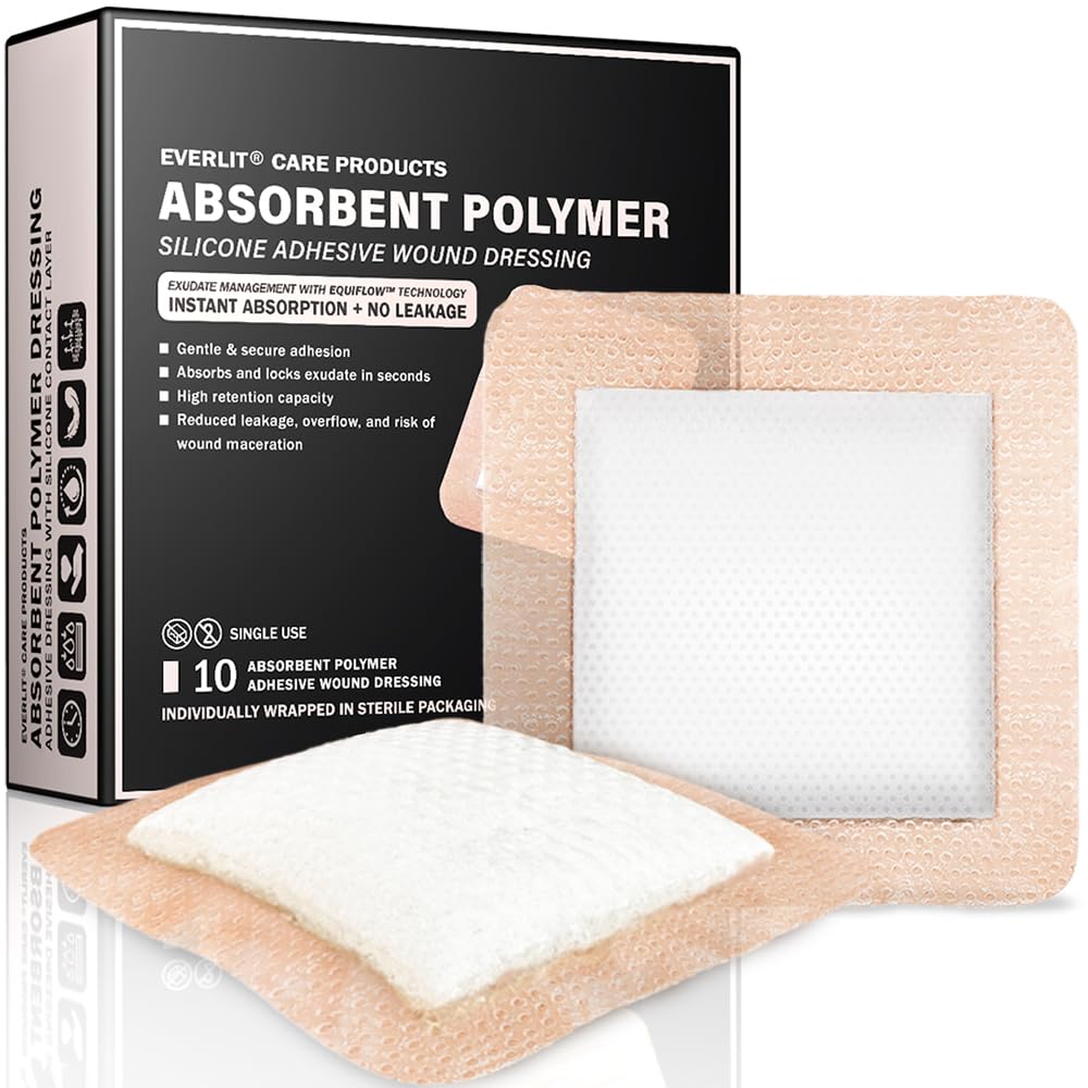 EVERLIT Super Absorbent Polymer Wound Dressing | Silicone Self-Adhesive Bandages with Ultrasorb Matrix for High Retention | 4" x 4" Sterile Adhesive