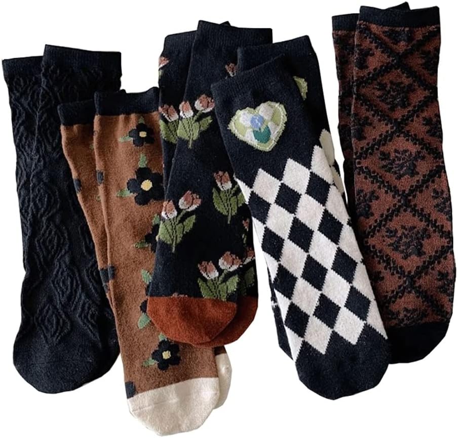College Middle Tube Socks Women Cute Flowers Winter Thicken Streetwear Print Soft Comfortable