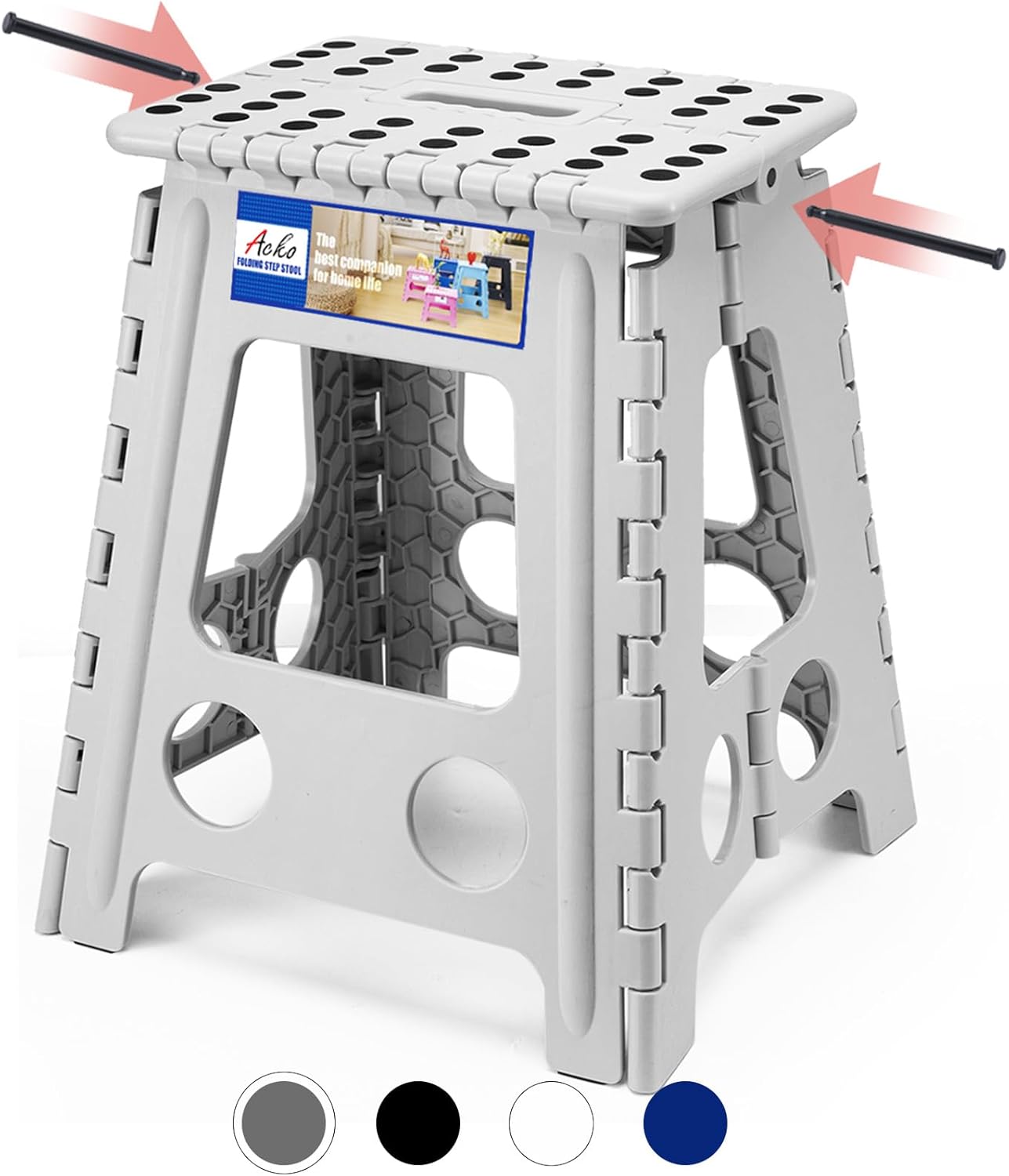 ACKO Folding Step Stool Foldable 16 Inch Stool 400 lbs Capacity,Plastic Stools for Adults and Kids,Collapsible Stool for Kitchen, Stepping Stool with Handle(Grey) Gray 16 Inch