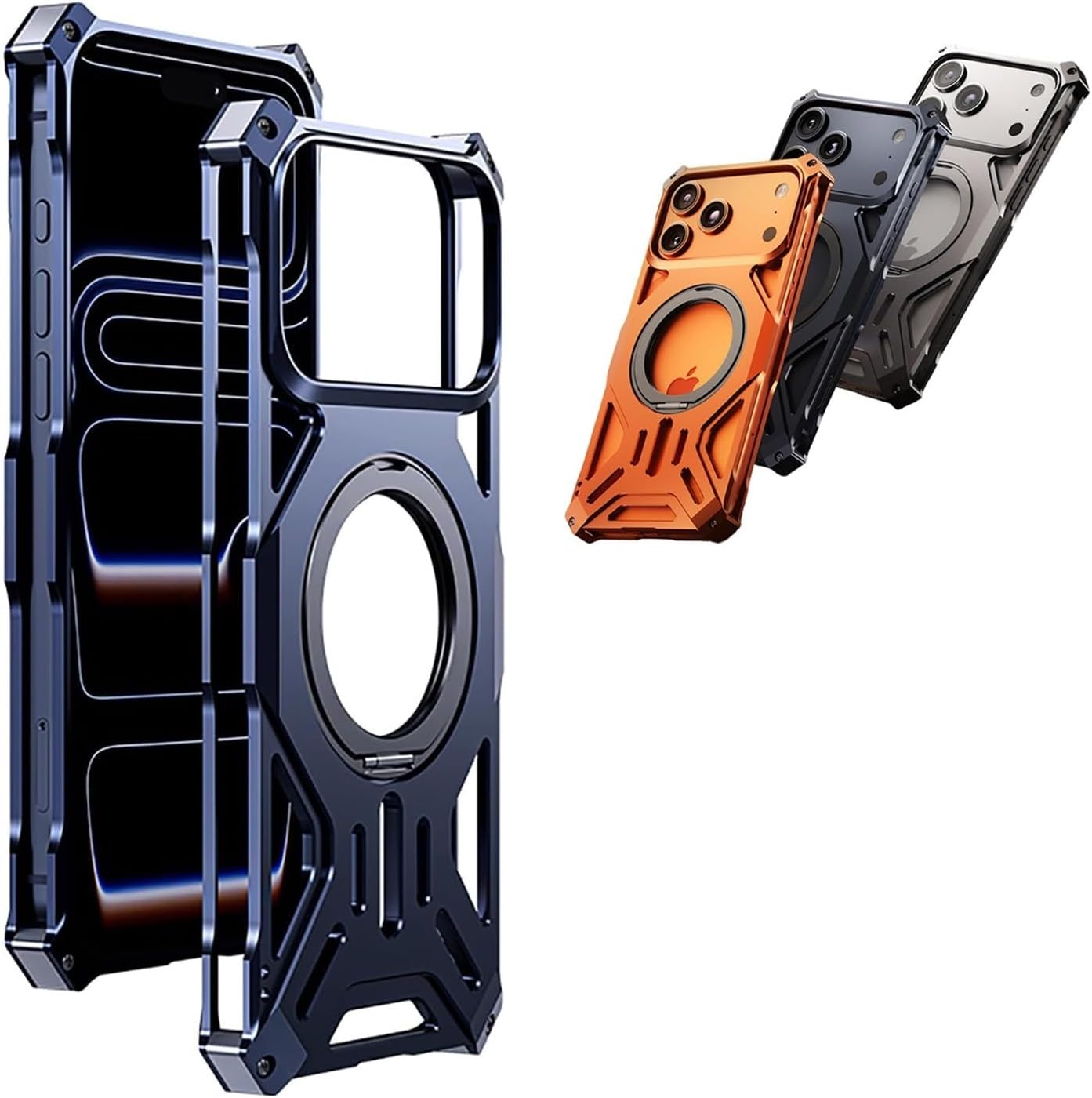 Metal Frameless Case for iPhone 17 Pro/17 Pro Max, Hollow Aluminum Alloy Frame, Shockproof Drop Protection, Heat-Dissipation Open-Frame Bumper, Magnetic Accessory Friendly(Blue,17 Pro)