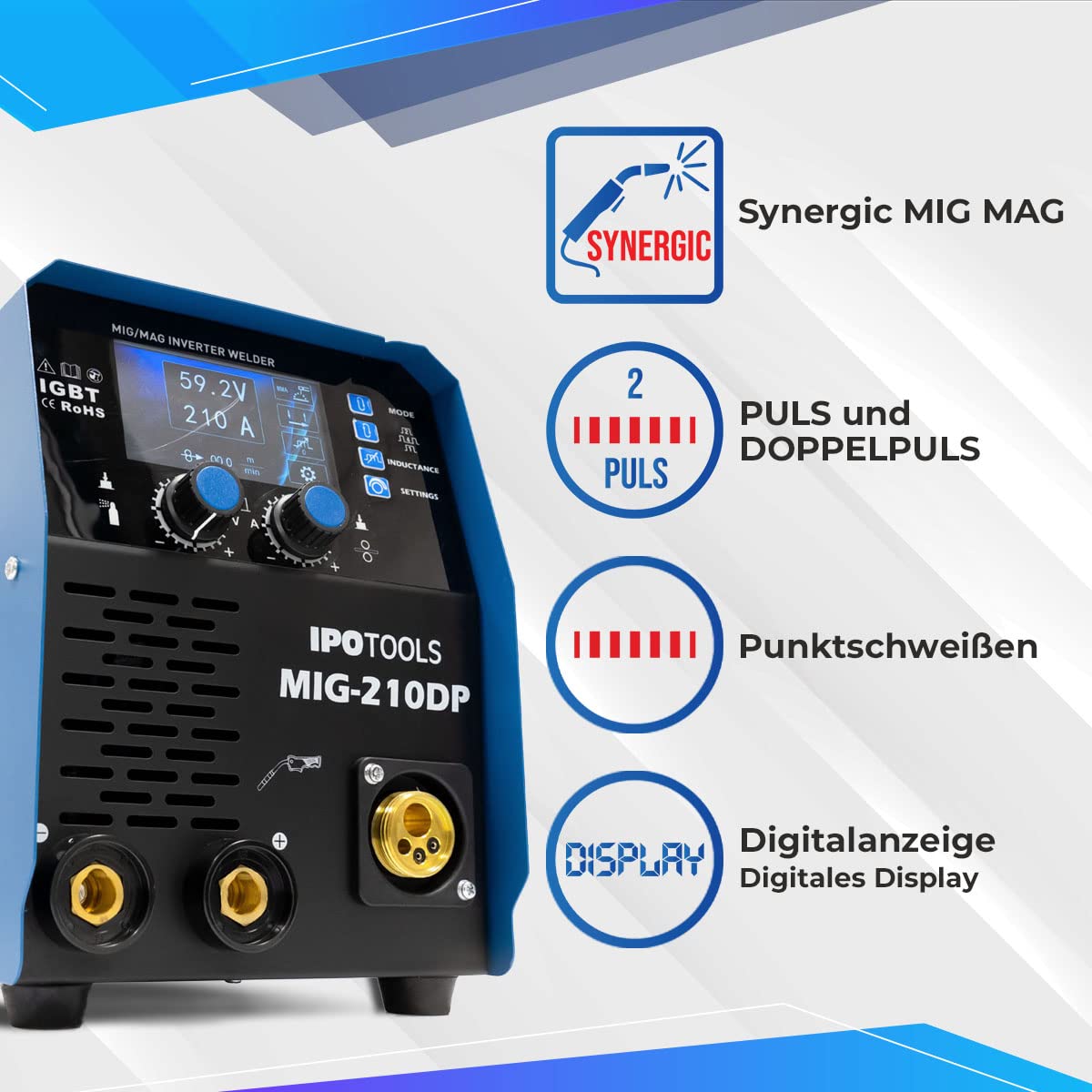 IPOTOOLS MIG-210DP 6 w 1 MIG MAG spawarka – spawarka gazowa z funkcją synergicznego impulsu 210 A / spawarka do drutu wypełniającego i elektrodami / E-Hand/IGBT / 230 V / 7 lat gwarancji