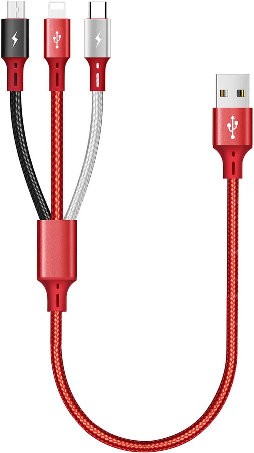 Multi Charger Cable, [35CM] Micro USB Charger, 3 in 1 USB Multi Charger Cable, Short Phone Charging Cable with iP/Type C/Micro USB for iPhone 17/16/15/Android Galaxy/Pixel/LG/Tablets-Red