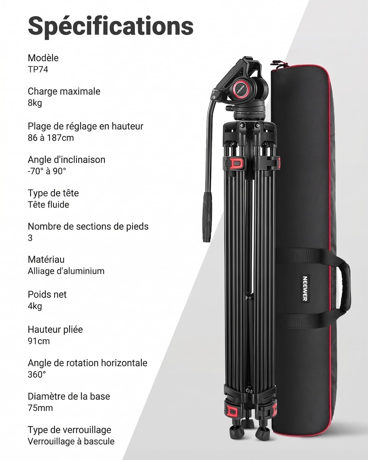 NEEWER Trépied Vidéo Pro 74 pouces avec Tête Fluide, Plaque QR Compatible avec DJI RS Gimbal, Trépied Robuste avec Poignée Télescopique Base d'Escalade pour DSLR, Max. 17,6 lb/8 kg, TP74