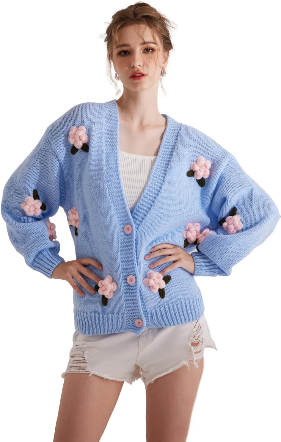 Cardigan Sweater for Women, Long Sleeve V-Neck Button Knit Flower Outfit