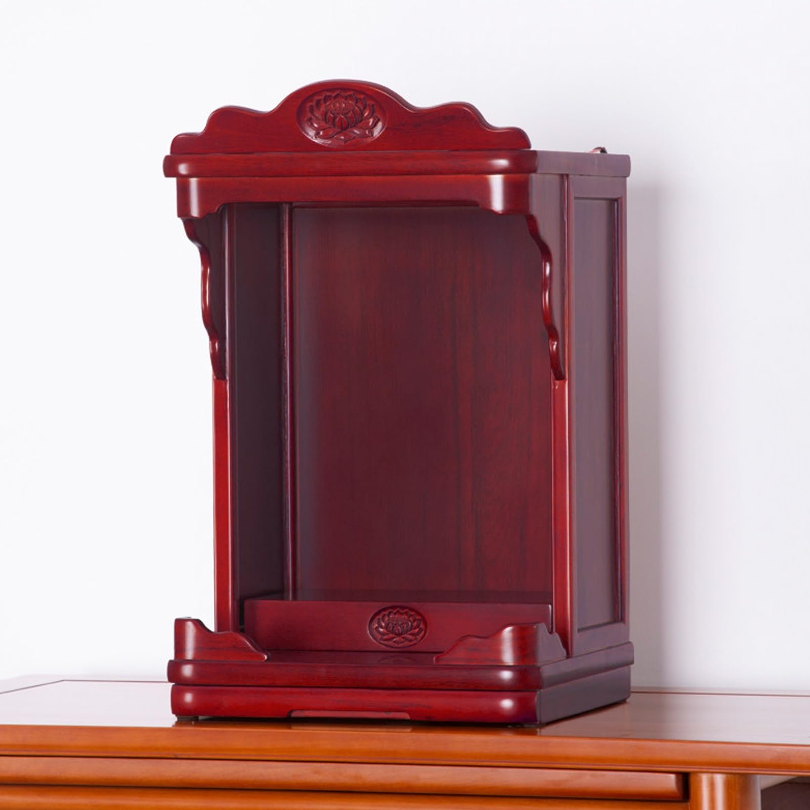 JNTFNE Wall Mounted Tabletop Buddhist Altar Cabinet, Solid Golden Teak Wood with LED Light & Expandable Tray for Home Spiritual Prayer(Red Sandalwood,38cm/14.9in)