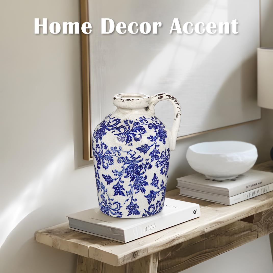 Oairse Jarrón rústico de cerámica de 9 pulgadas, jarrón de cerámica azul y blanco para centros de mesa, jarra de cerámica de hierba de las pampas con asa, decoración bohemia de chinoiserie, jarrones