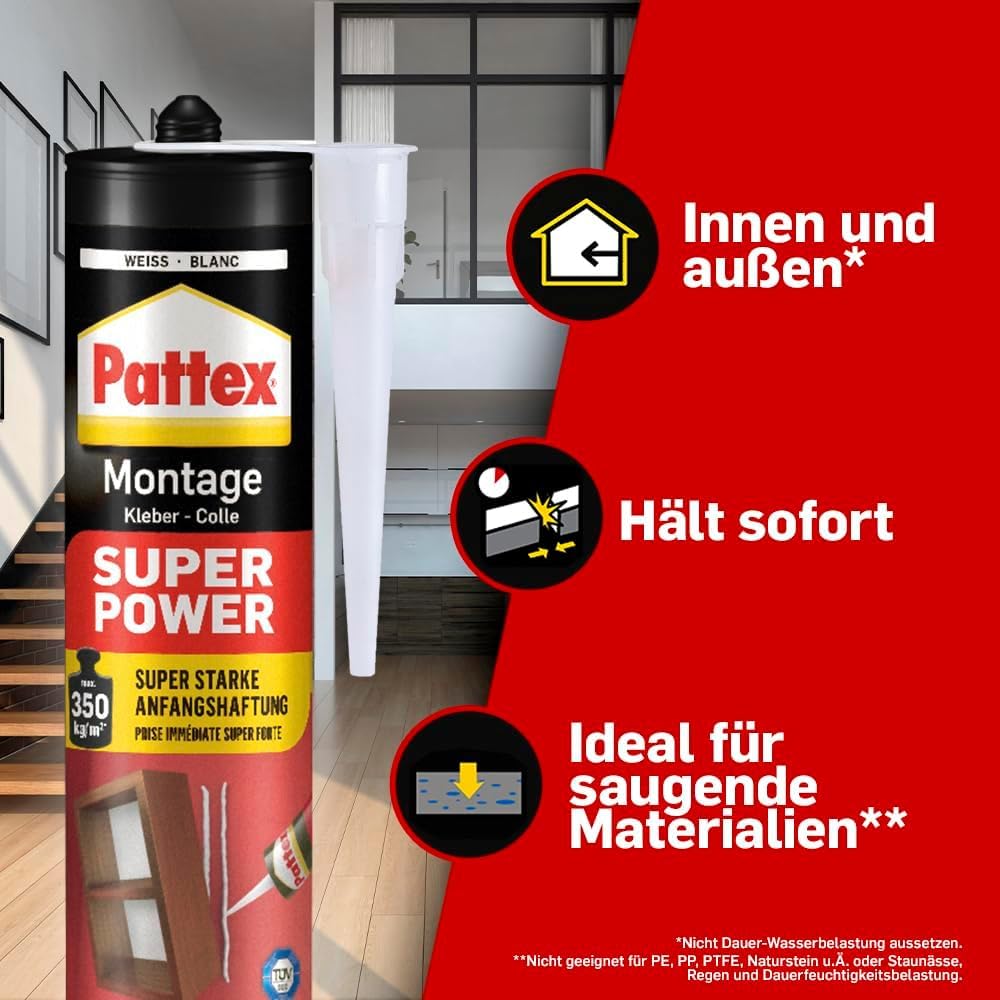 Pattex Montagekleber Super Power, Baukleber mit superstarker Anfangshaftung, Kraftkleber für saugende Materialien, Kleber für innen & außen, Aktionspack mit 12 x 370g, 9H PXS37
