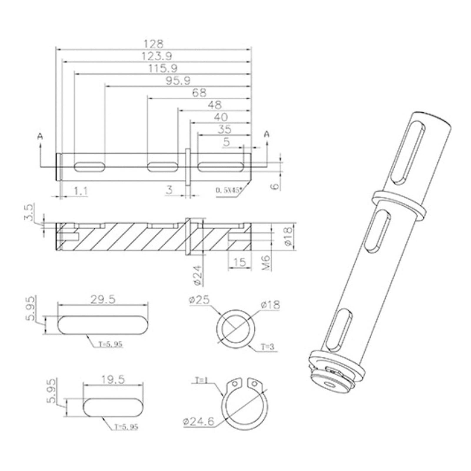 Arbre à Sortie Unique, Acier allié de 18 Mm de Diamètre, Arbre Unique à Sortie Longue de 128 Mm avec Joints, Anneau en S, Goupille D'angle pour Réducteur à Vis sans Fin NMRV040