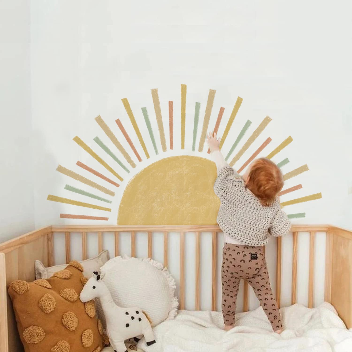 Zweby White Large Boho Half Sun Wall Decals Peel And Stick, Watercolor Pastel Sun Decal Sunrise Wall Murals Stickers, Sunshine Wall Stickers For Kids Room Playroom Nursery Bedroom, 48.07" X 24.82"