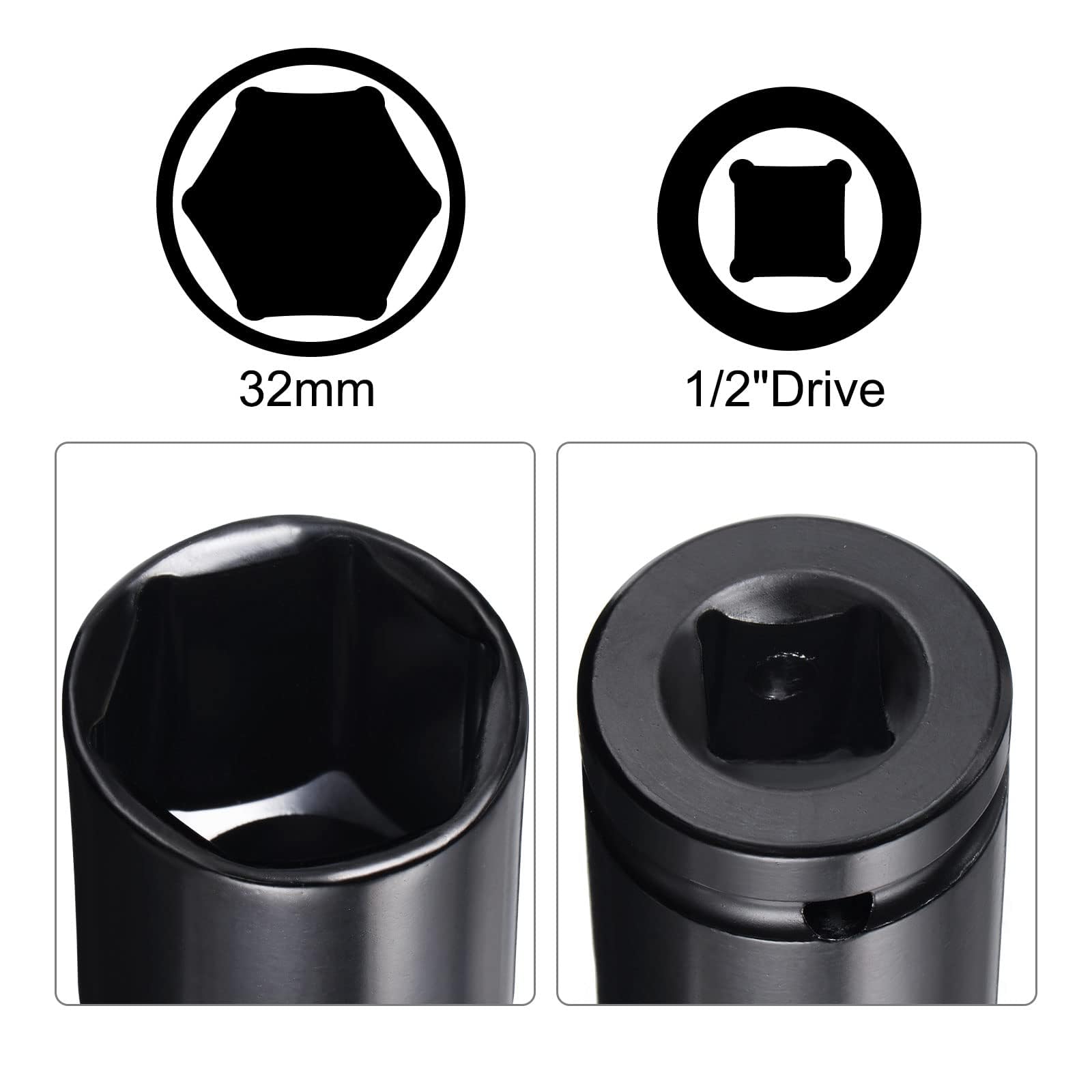 TA-VIGOR 1/2" Drive Socket Accessory Set, 32mm 6-Point Deep Impact Sockets 8" Length and 1/2" to 1/4" Hex Shank Adapters - Image 3