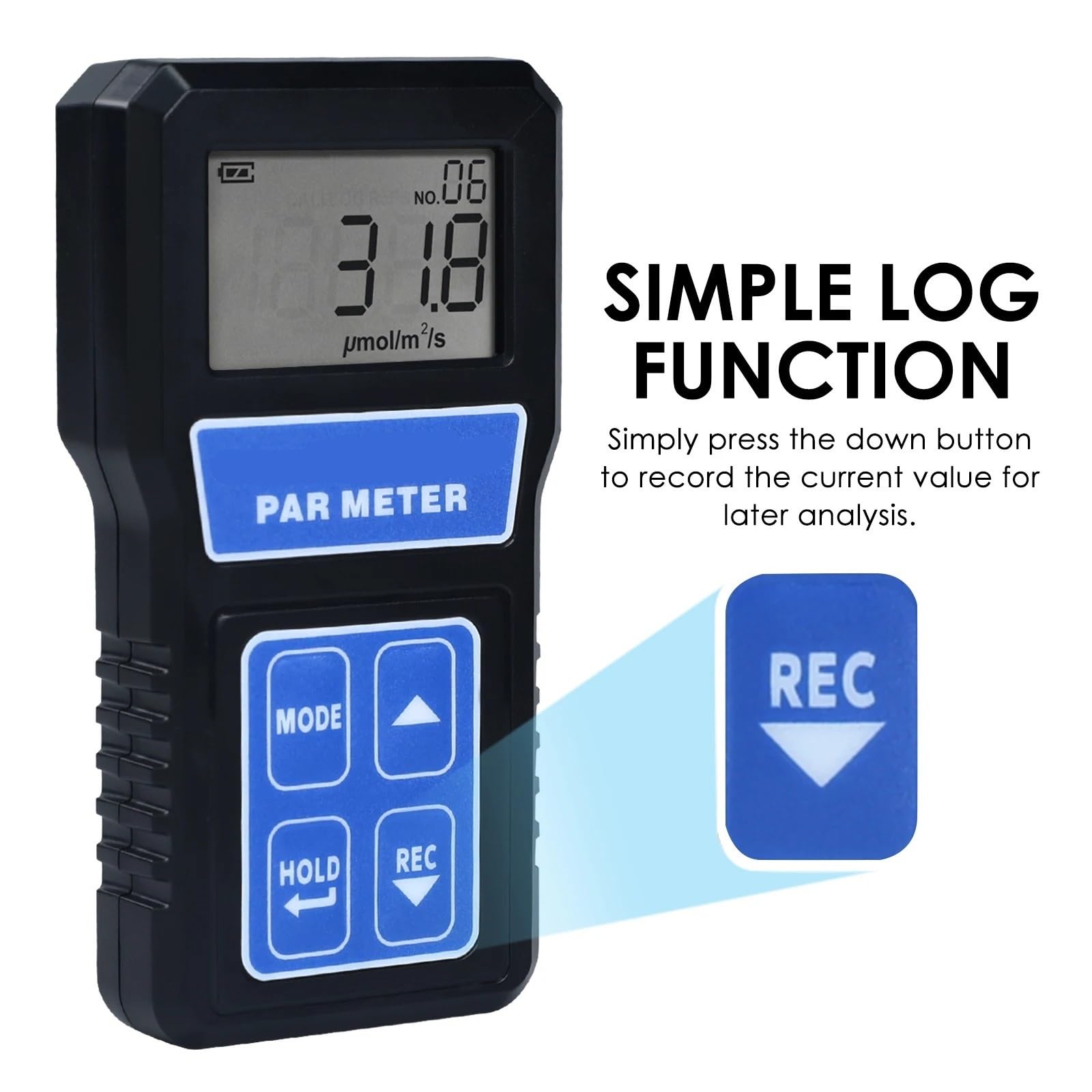 Medidor de luz, Medidor PAR, comprobador de luz PPFD, fotosíntesis, Longitud de Onda de 400-700 NM, con selección de Modo de Sensor, Pantalla LCD Grande