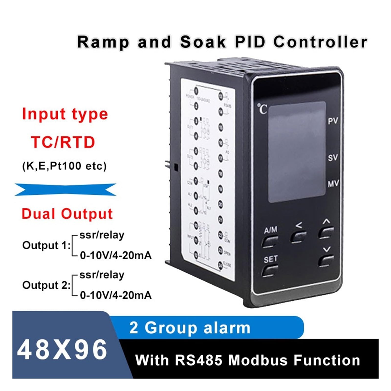 Controlador de Temperatura Controlador de Temperatura PID KEJ PT100, Entrada, Salida Dual, regulador programable, termostato Digital, LCD, 2 alarmas, 48 ​​x 96, PMA400(Relay Dual Opt RS485)