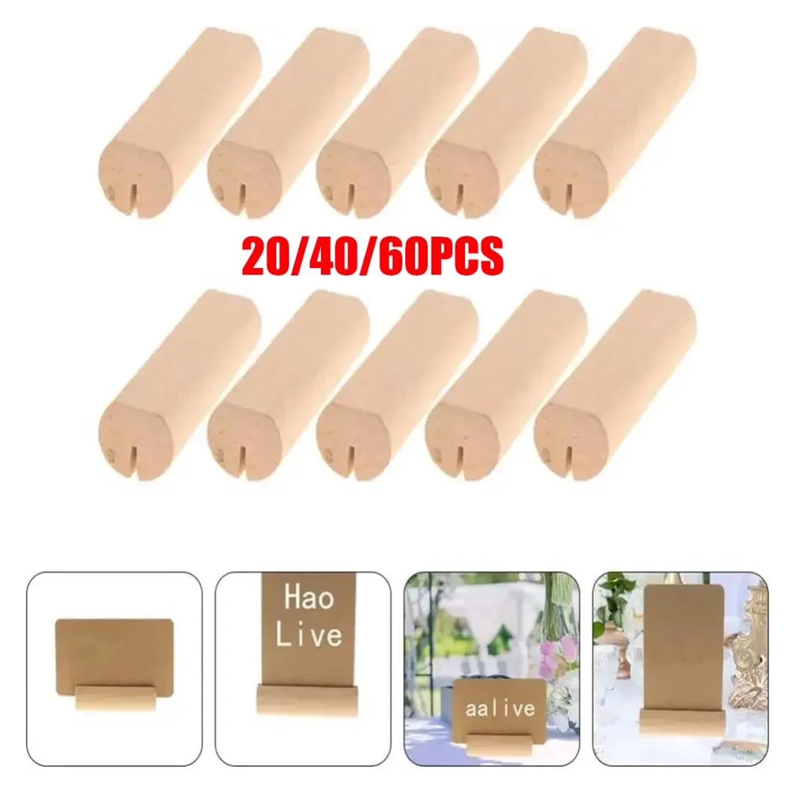 uchwyty na numery stolików, 20/40/60/100 szt. Drewniane stojaki na karty miejsc, drewniane numery stołów, tabliczka ślubna, rustykalny komunikat(60PCS)