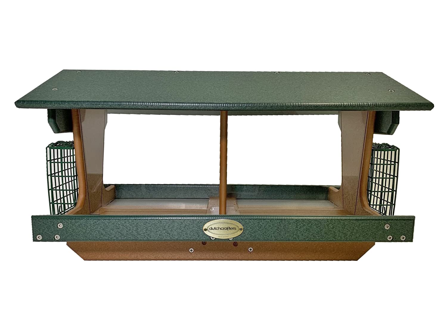 Large Poly Plastic Bird Feeders for Outdoors with Two Suet Cages, Outdoor Bird Feeder for Wild Birds, Holds 2 Suet Cakes and Seed - USA Amish Made (Turf Green & Cedar)