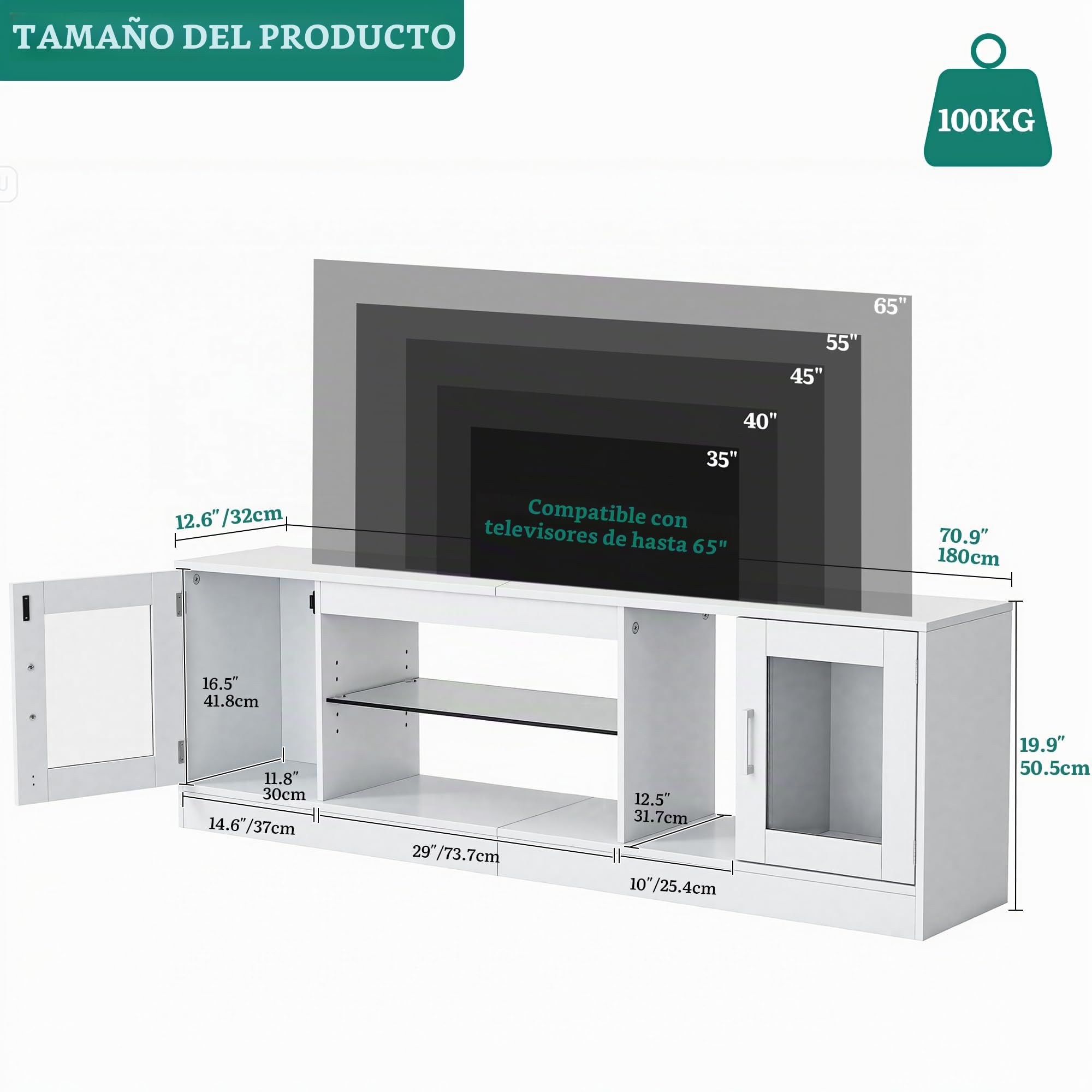 YITAHOME Mueble de TV de 180 cm con 7 LED RGB, mueble bajo para TV con 2 armarios cerrados, 3 estantes abiertos y estante de cristal ajustable, moderno centro de entretenimiento para salón, 180 x 32 x
