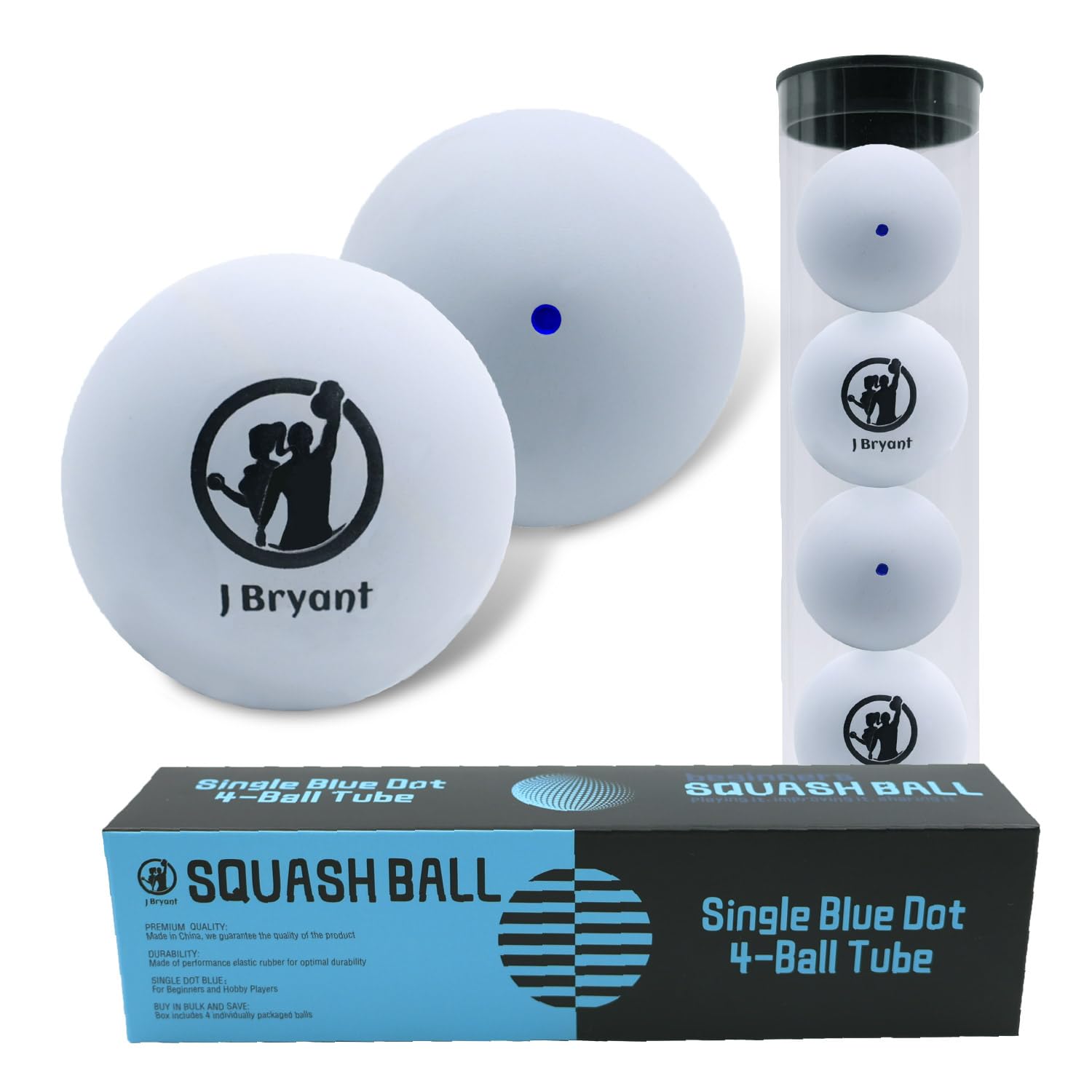 J Bryant Squash Balls 4 Pack, Single Blue Dot Rubber Squash Ball for Beginners and Kids Competition Training (White)