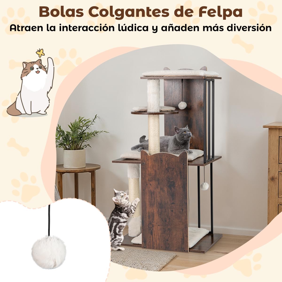 GYMAX Árbol Rascador para Gatos de Madera 112 cm, Torre para Mascotas de 4 Niveles con 4 Plataformas Diferentes, Rascador de Sisal y 2 Bolas Colgantes, Centro de Actividades con Cojines Extraíbles