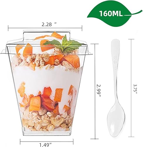 Miniatura 2 de Paquete de 80 tazas de postre de plástico transparente de 5.4 onzas con 80 cucharas de degustación y 80 tapas, cuencos cuadrados para aperitivos de