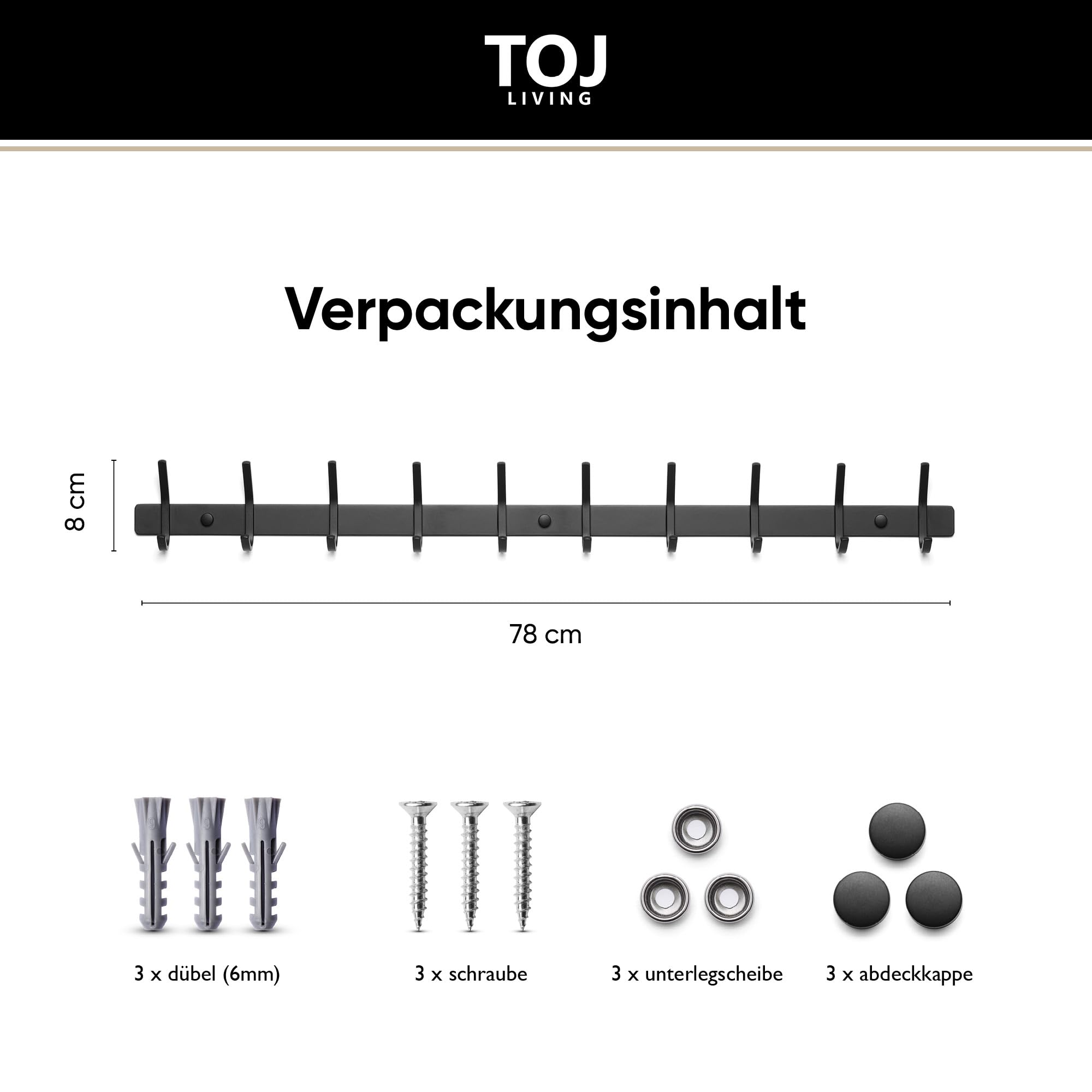 TOJ Living Wandgarderobe - 78CM - 20 Haken - Kleiderhaken - Garderobenhaken - Kleiderhaken wand - Wandgarderobe schwarz - Garderobenstange wandmontage - Wandhaken garderobe - Edelstahl - Schwarz