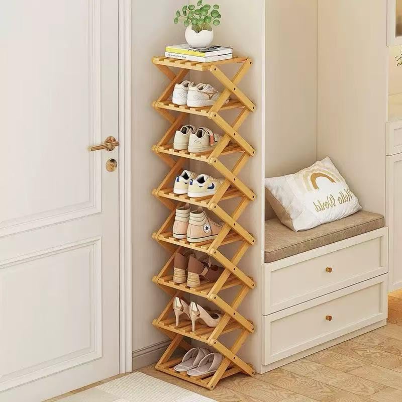 XZXWZX Zapatero plegable, organizador vertical de zapatos de bambú alto para espacios pequeños. Estante estrecho multifuncional para zapatos para entrada, armario, esquina, dormitorio, pasillo, color