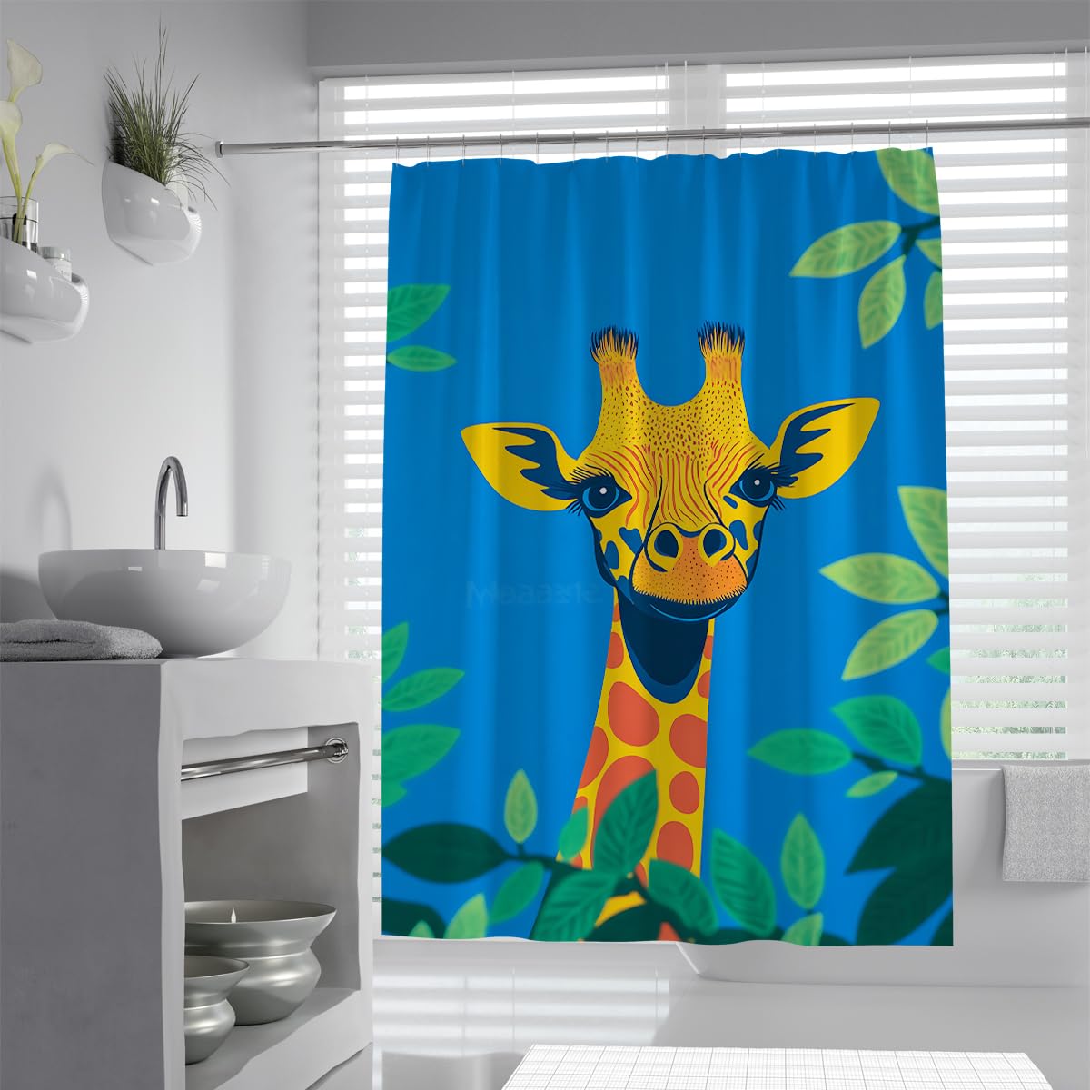UIRINGART Blue Giraffe Shower Stall Liners W200xL220cm Quick Dry Mildew Resistant Cute Safari Animal Leaves Pattern Fabric Bath Curtains Rustproof Grommets Wet Room