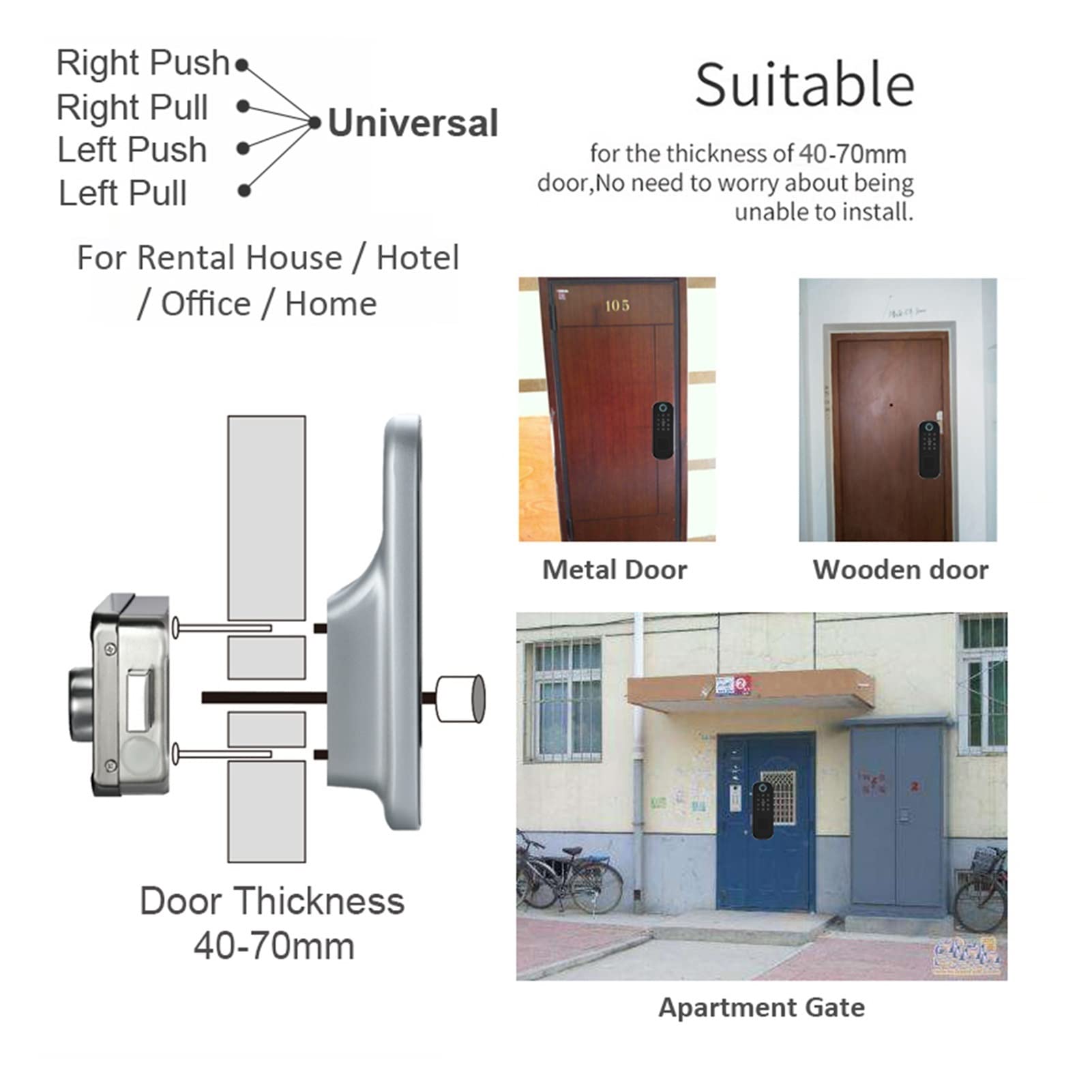 Inteligentny zamek do drzwi, Blokada drzwi odcisków palców elektroniczny inteligentny telefon homePassword App Odblokuj wsparcie SmartLife/Lock Hotel Metal Gate(TTlock Silver)