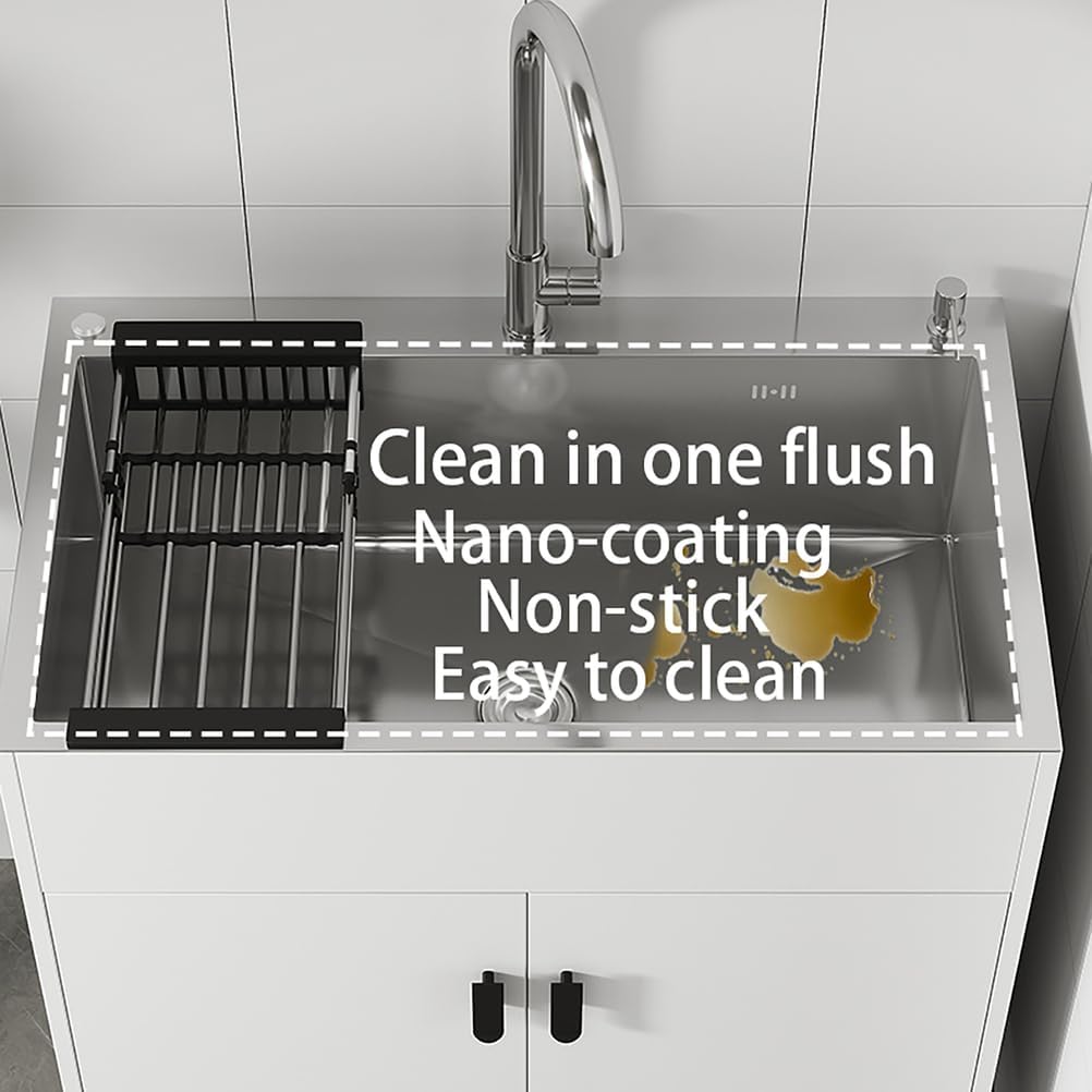 19.6-29.5In Stainless Steel Laundry Sink,Utility Sink Free Standing Single Bowl Kitchen Sink,with Cabinet,with Hot And Cold Water Faucet,Ideal for Bathroom,Garageand Outdoor,White,50*40*79cm