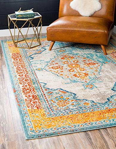 Unique Loom Vita Collection Bright Over-Dyed Traditional Vintage Area Rug, 5 ft x 8 ft, Blue Orange