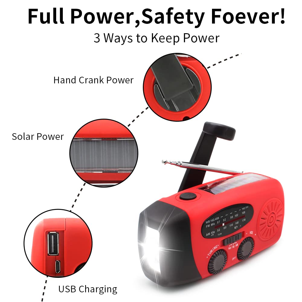 Radio di Emergenza con Manovella e Solare, Powerbank 2000mAh per Cellulare, Torcia LED con Allarme SOS, Radio AM/FM Portatile per Blackout, Tempesta, Campeggio, Escursionismo, Auto e Famiglia