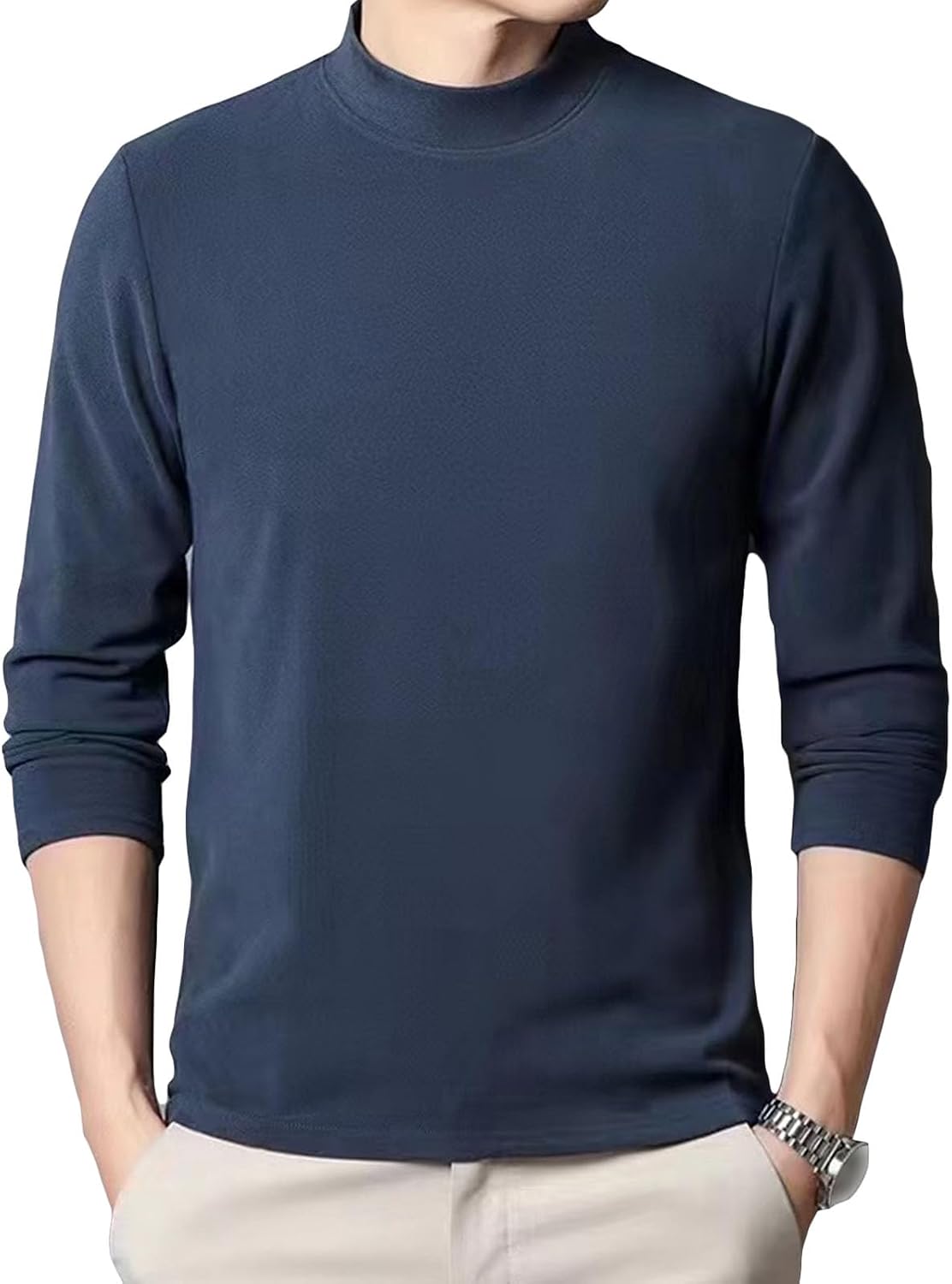 Mens Long Sleeve Stretchy Comfy Shirts Crewneck Fleece Thermal Collarless T-Shirts Casual Undershirt Pullover Tee Tops