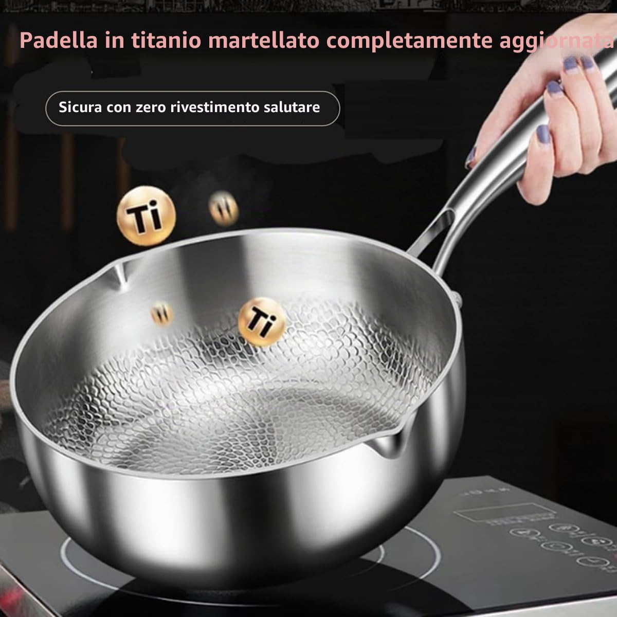 Padella Titanio, Padella in Titanio Martellato, Padelle Antiaderenti Pro, Doppio Beccuccio, Pentola a Fondo Spesso, Pentola per il Latte, Uniform Heating, per Tutti i Piani Cottura (no lid,24cm)