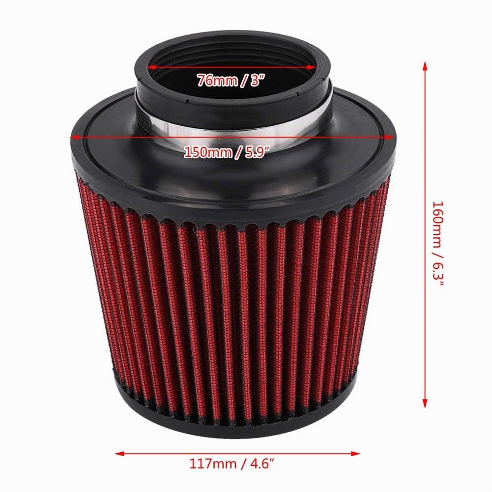 Ymiko Filtre à Air, universel de voiture prise d'air d'admission à haut débit filtre à air à cône rond nettoyant filtre à Air de moteur à pince(76mm)