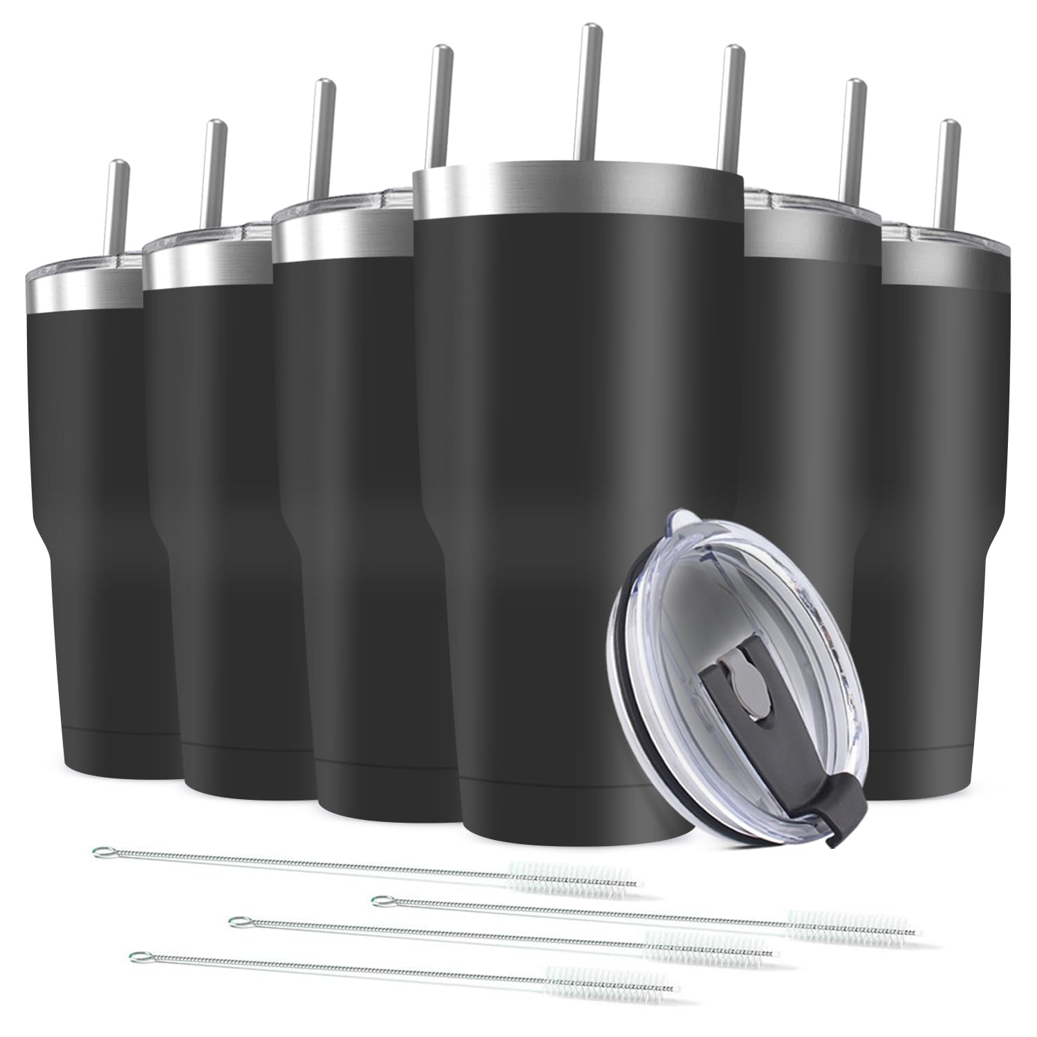 Taza de viaje de acero inoxidable de 30 onzas con tapa, paquete de 6 vasos de doble pared aislados al vacío con 6 popotes, taza de café con recubrimiento en polvo, adecuada para portavasos