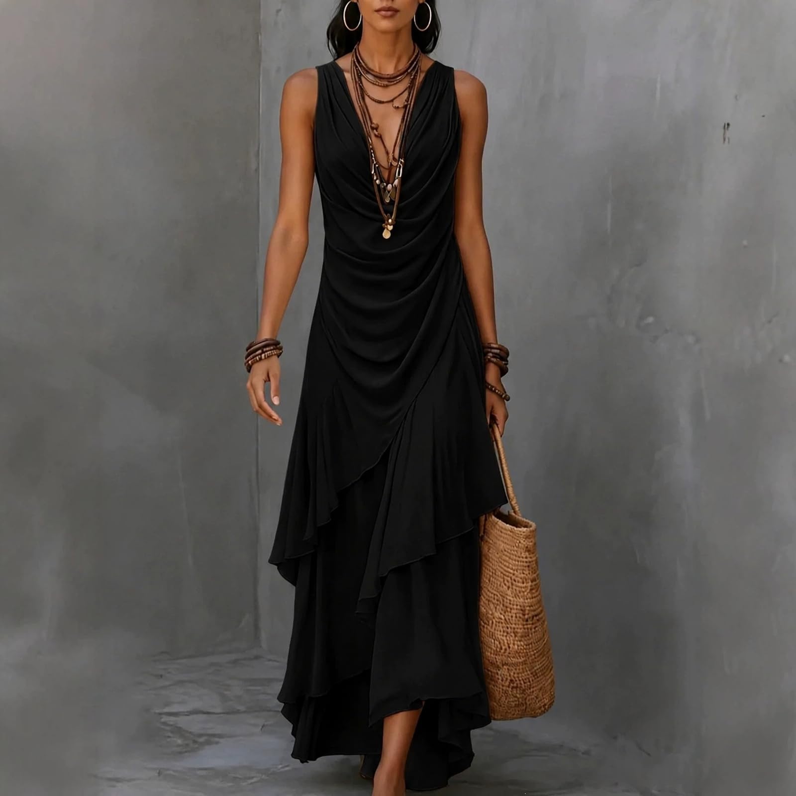 Generisch Hochzeitsgast Kleid Damen Sommer Chiffon Maxikleid V Ausschnitt Ärmellos Abendkleider Elegant Für Hochzeit Sommerkleid Damen Leicht Und Luftig Kleider Festlich Rüschen Partykleid