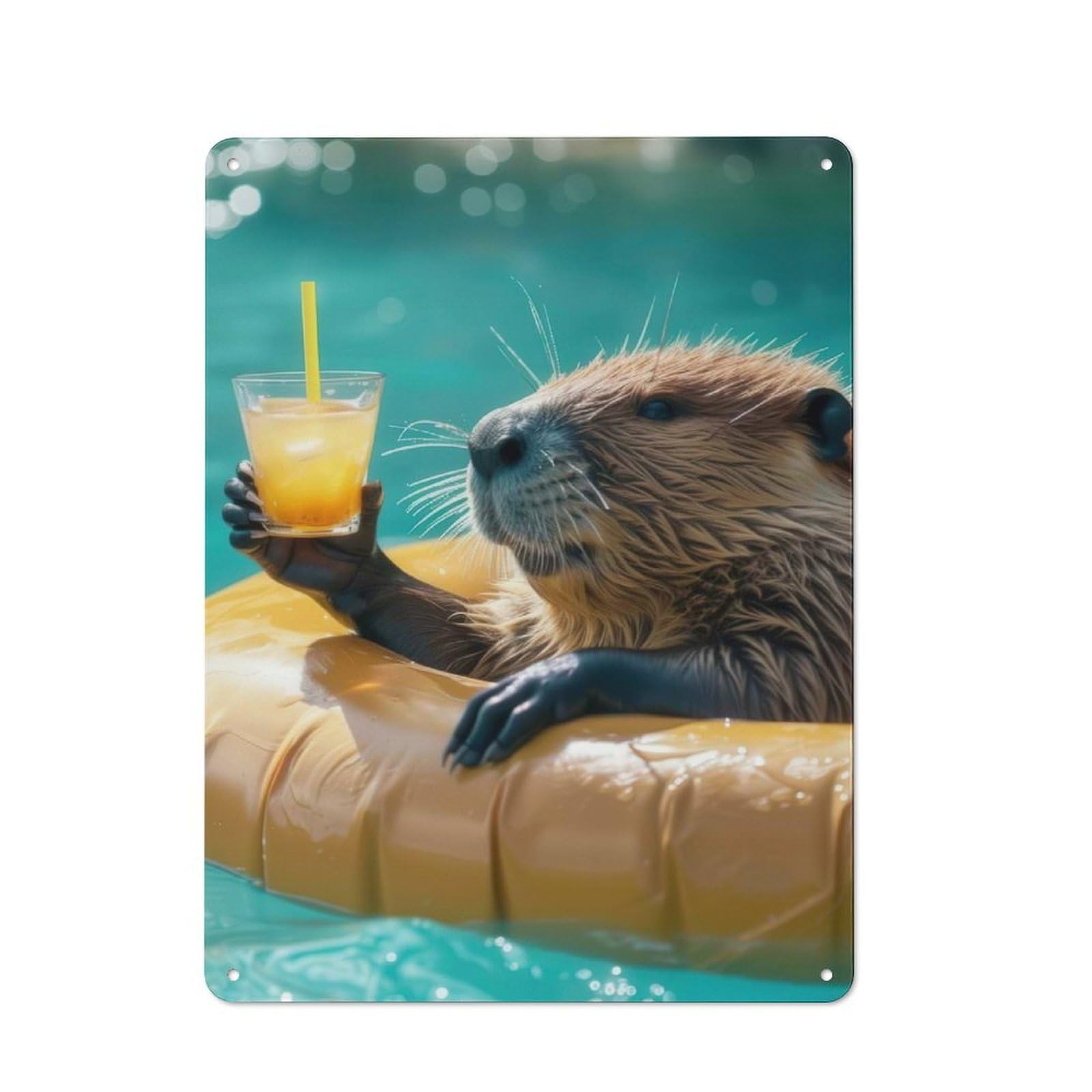 Junmoney Style-21 Garage Style Beaver Relaxing With Drink In Pool Decorative Metal Plaque 40X30cm, Garage Wall Decor For Workshop, Basement, Shed Or Games Room