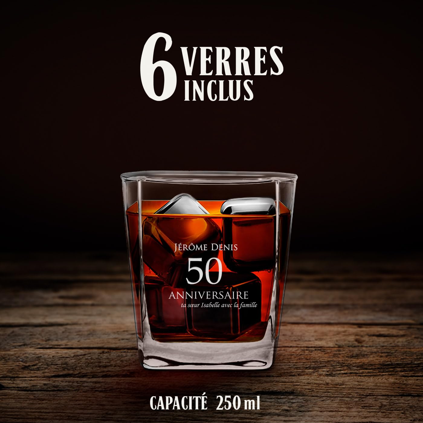 Maverton Carafe et Verres personnalisés - 800ml Bouteille avec 6 Verres à Whisky de 250ml - Accessoires bar pour hommes - Service à Whisky pour papa - pour anniversaire - 50 ans