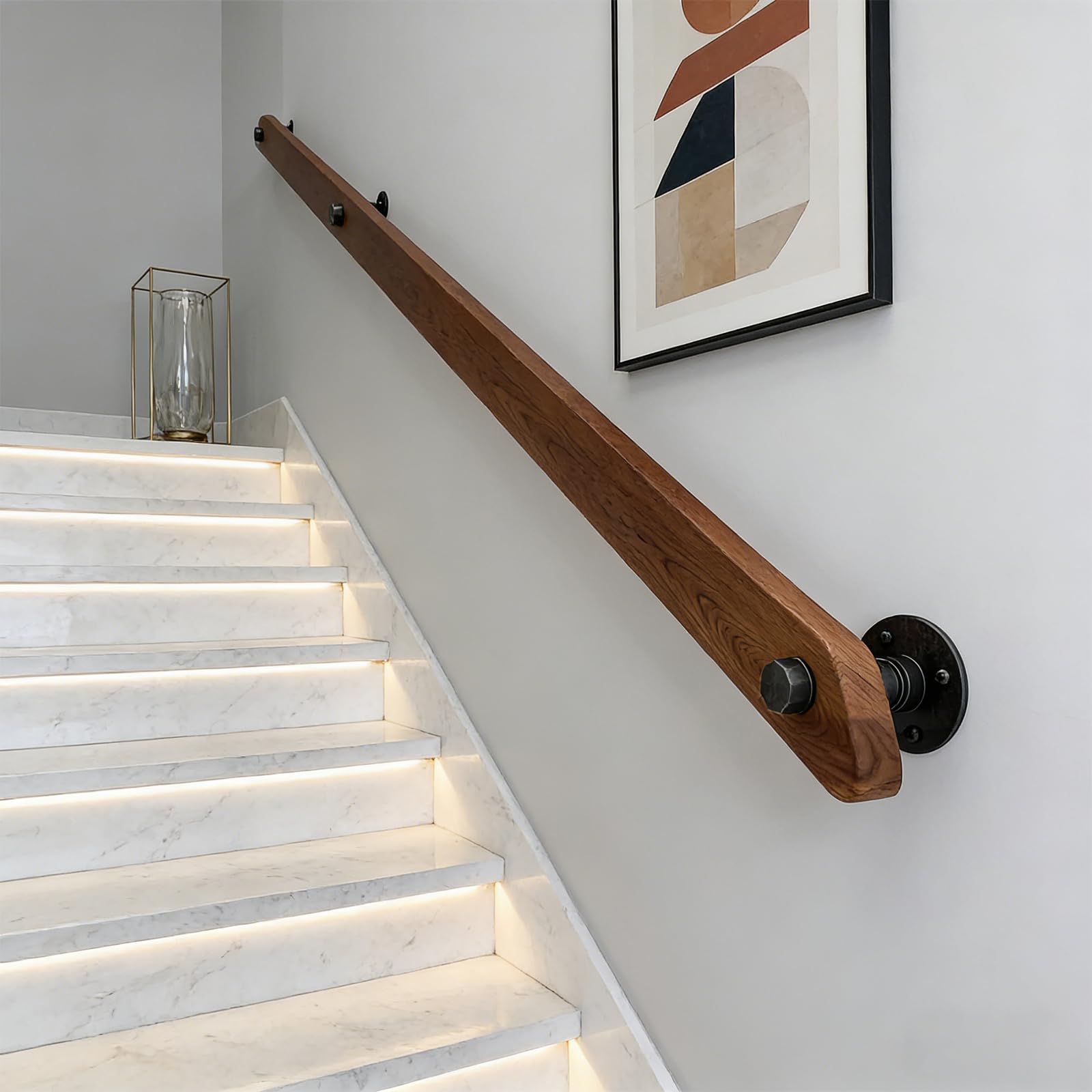Wood Staircase Handrails, Home Against The Wall Indoor Loft Elderly Railings Hand Rail Corridor Support Rod, Wooden Stair Baluster, Complete Kit (A, 400cm/157.5in)