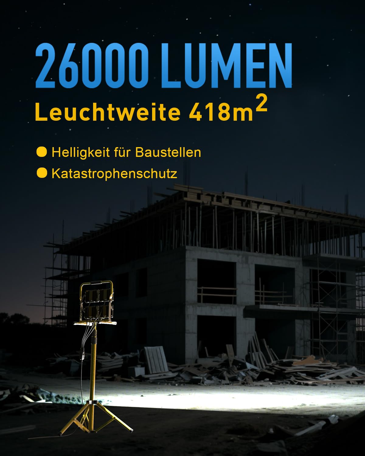 26000LM LED-Arbeitsleuchte mit Ständer, tragbare Arbeitsleuchte mit 4 Köpfen und 5,0 m langem Kabel – IP66 wasserdichte Flutlichtleuchte für Werkstatt, Garage, Baustelle und Außenbeleuchtung