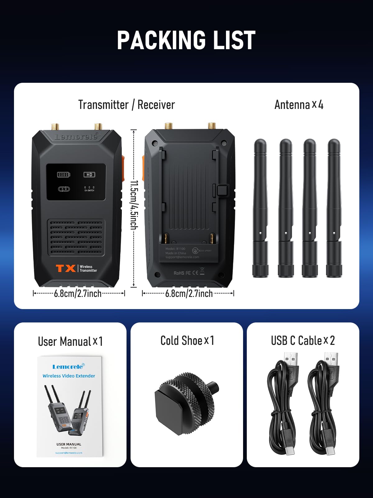 Lemorele Transmisor y Receptor HDMI Inalámbrico con Salida en Bucle, Transmisión 5G HDMI Compatible con hasta 4 receptores, Alcance 200M，para conectar portátiles, videocámaras a HDTV/monitores