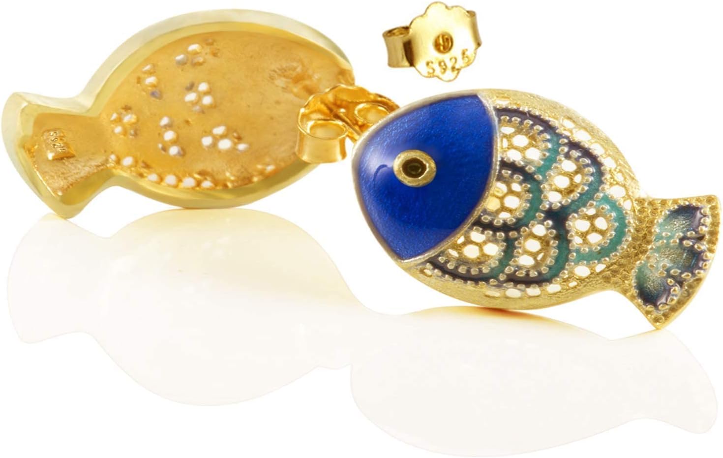 Fish Stud Earrings for Women 925 Sterling Silver Gold Plated Cloisonne Enamel Ocean Animal Earrings Cute Artistic Small Stud Jewelry Gift for Her